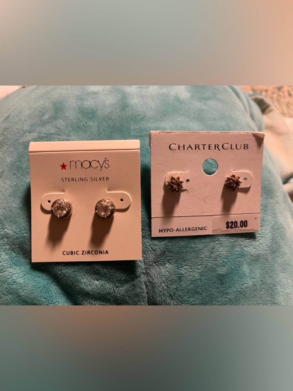 Lot of 2 Macys Charter Club Silver Starburst Stud Earrings with Cubic Zirconia